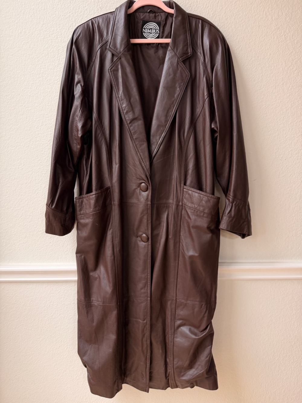 Vintage Brown Leather Trench Coat Long Minimalist 90s Y2K Oversized XL